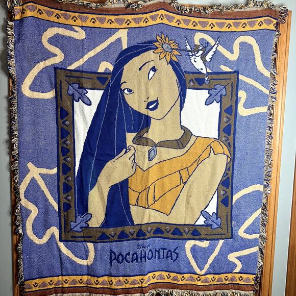 Vintage Disney Pocahontas and Flit Woven Throw Blanket 1990's Tapestry USA Made - Picture 1 of 4